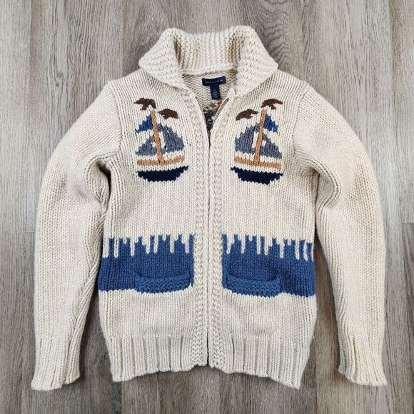 Vintage Tommy Hilfiger Lambswool Sailboat Shawl Zip Up Sweater Size 12 - Picture 1 of 11